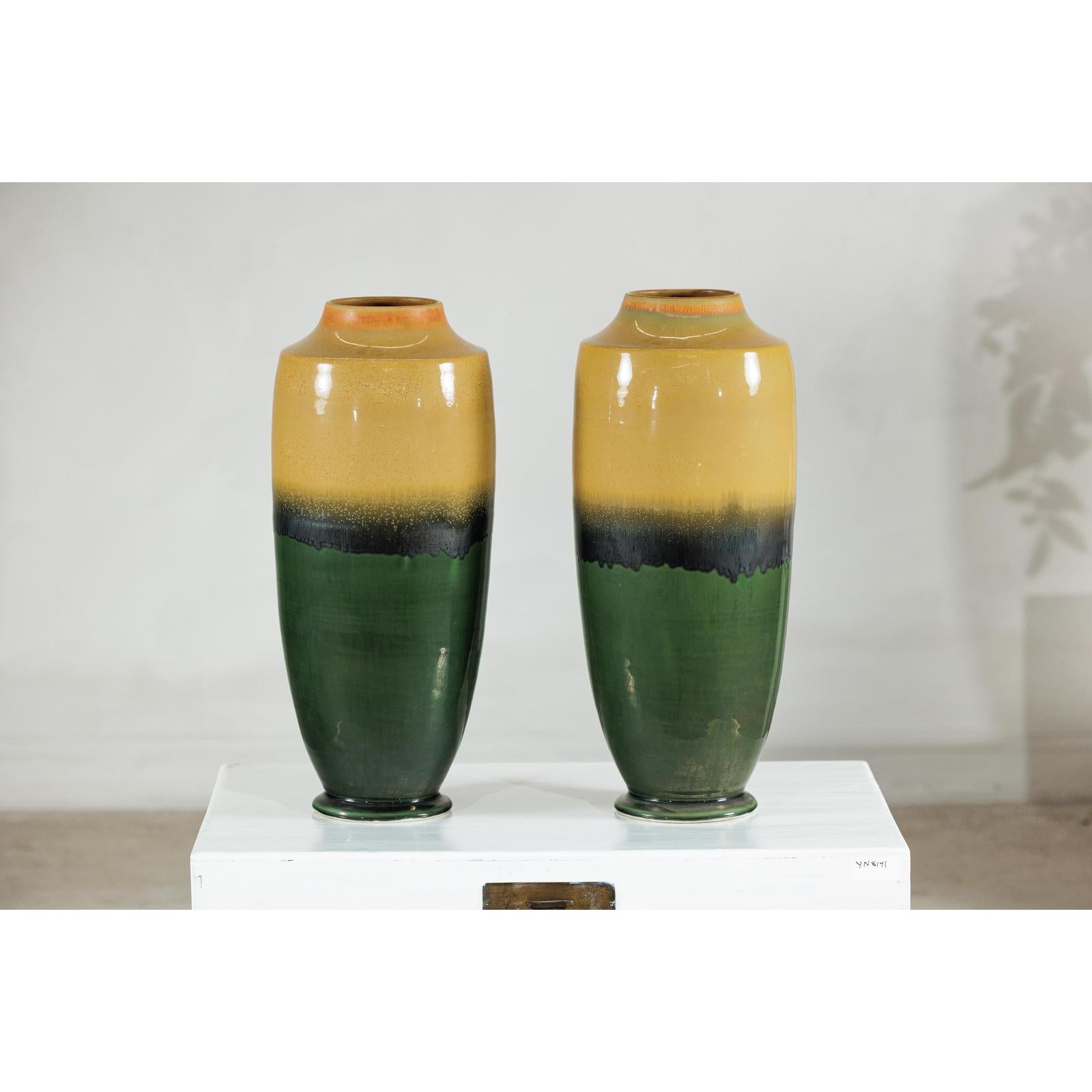Pair of Tall Artisan Ceramic Vases with Mustard, Black, and Deep Green Glaze-17. Asian &amp; Chinese Furniture, Art, Antiques, Vintage Home Décor for sale at FEA Home