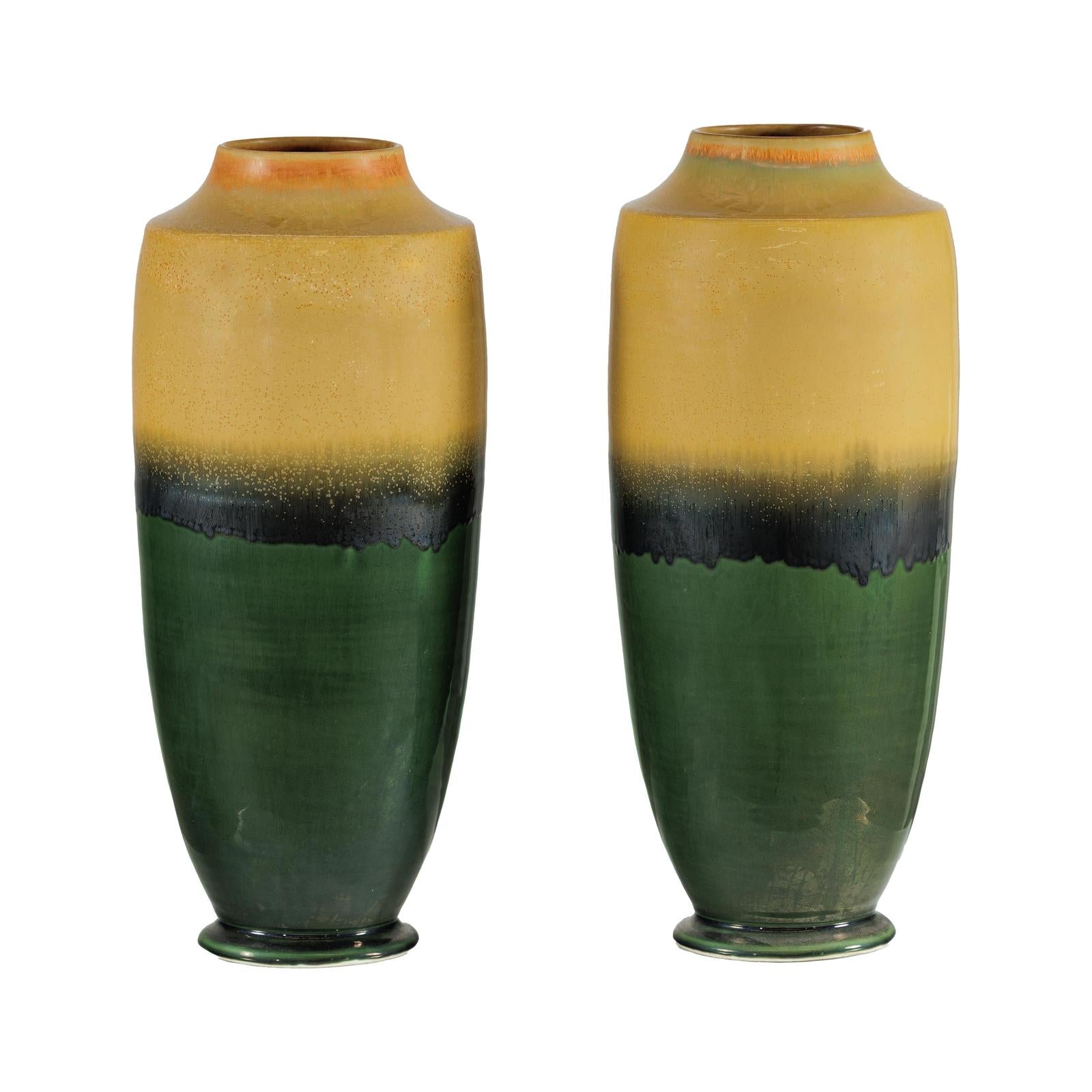 Pair of Tall Artisan Ceramic Vases with Mustard, Black, and Deep Green Glaze-18. Asian &amp; Chinese Furniture, Art, Antiques, Vintage Home Décor for sale at FEA Home