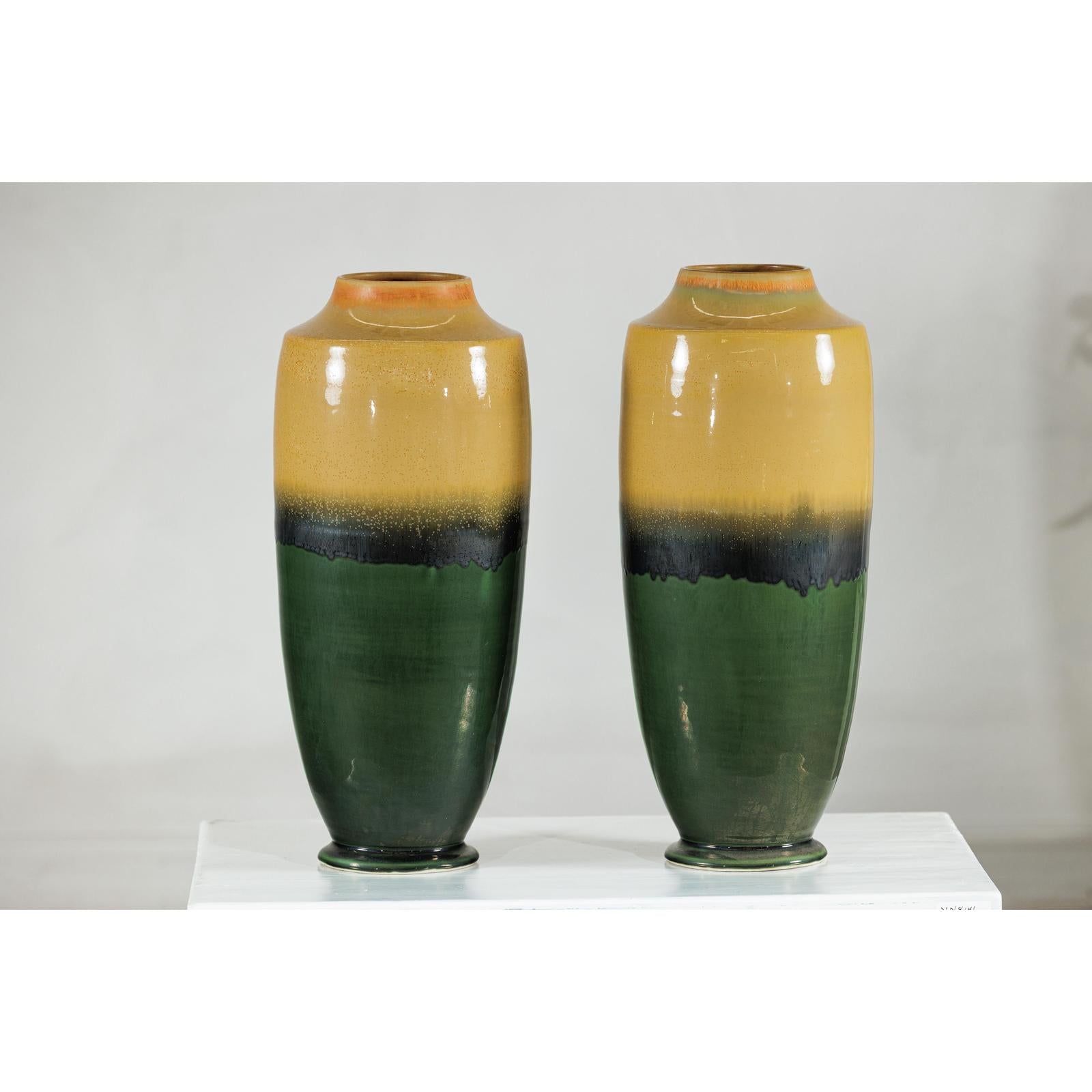 Pair of Tall Artisan Ceramic Vases with Mustard, Black, and Deep Green Glaze-2. Asian & Chinese Furniture, Art, Antiques, Vintage Home Décor for sale at FEA Home