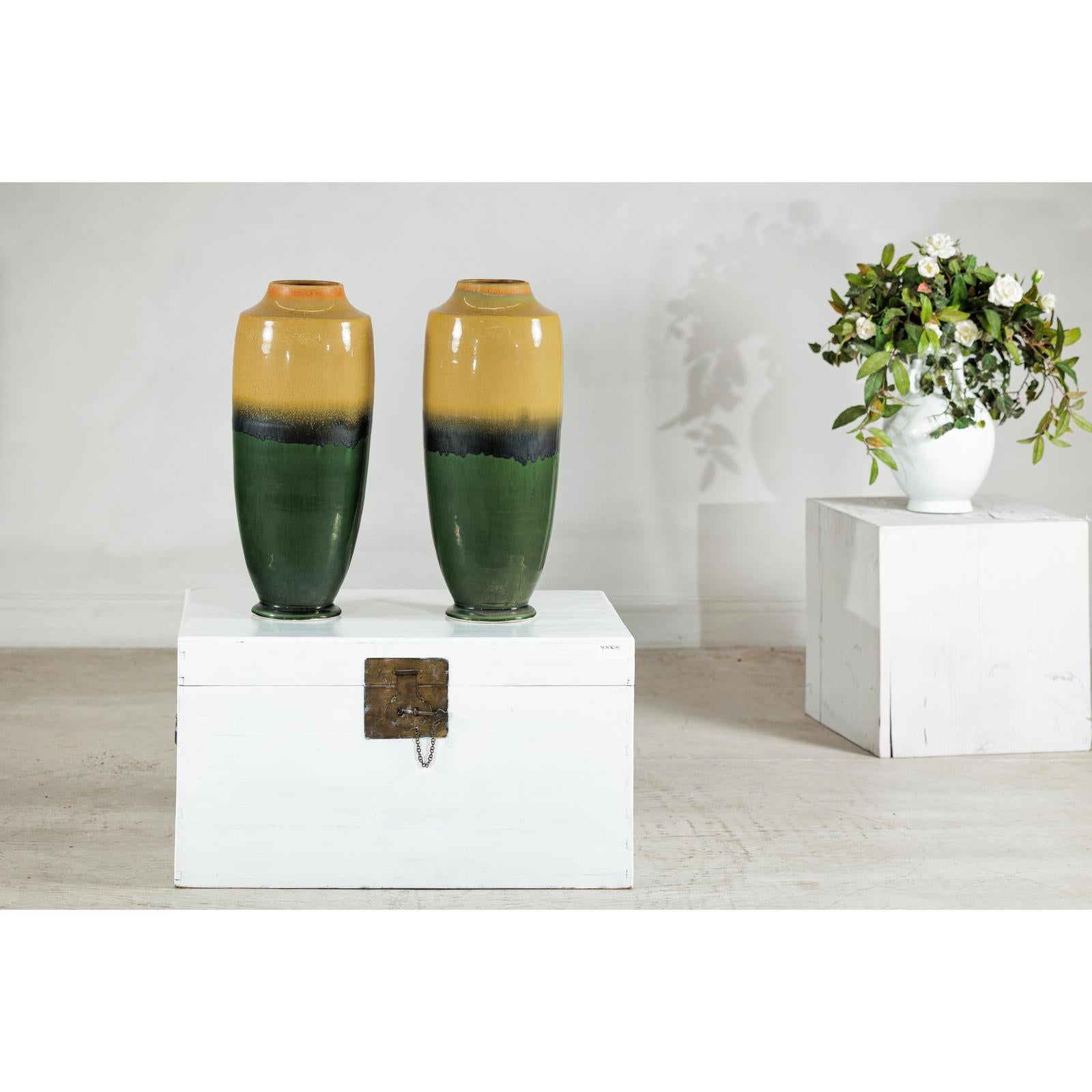 Pair of Tall Artisan Ceramic Vases with Mustard, Black, and Deep Green Glaze-3. Asian &amp; Chinese Furniture, Art, Antiques, Vintage Home Décor for sale at FEA Home