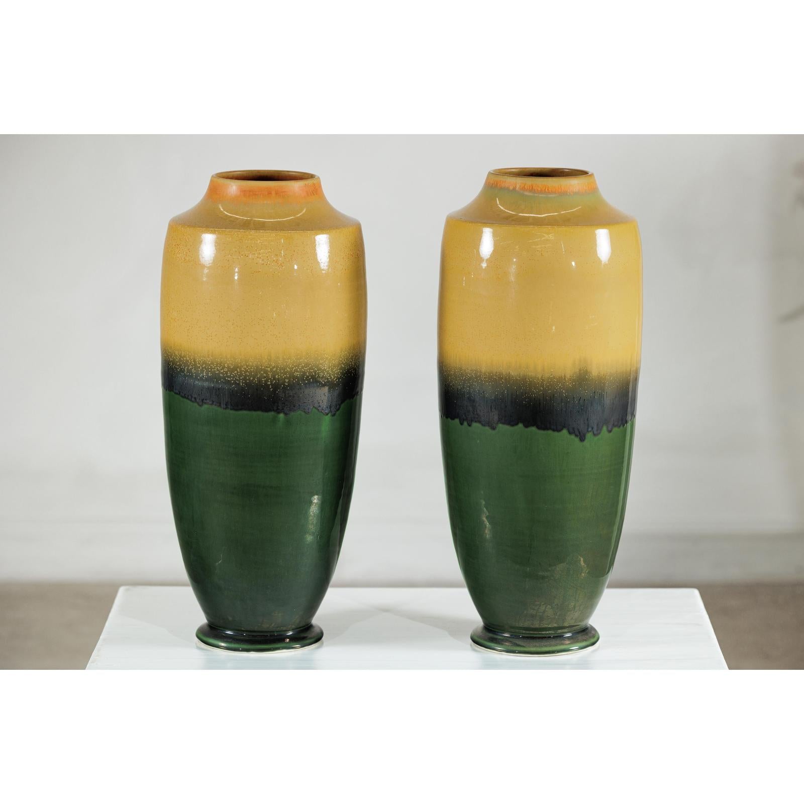 Pair of Tall Artisan Ceramic Vases with Mustard, Black, and Deep Green Glaze-4. Asian &amp; Chinese Furniture, Art, Antiques, Vintage Home Décor for sale at FEA Home
