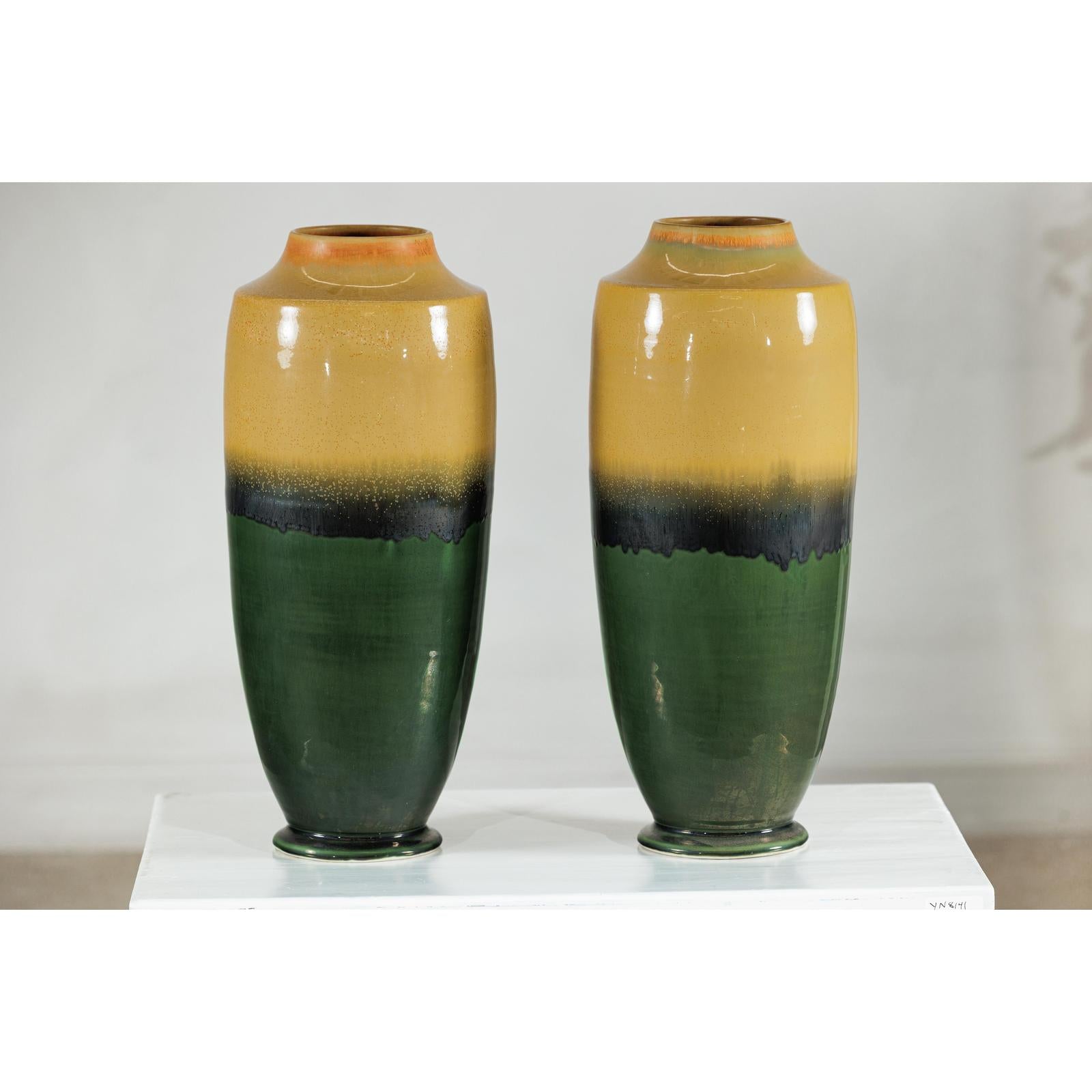 Pair of Tall Artisan Ceramic Vases with Mustard, Black, and Deep Green Glaze-5. Asian &amp; Chinese Furniture, Art, Antiques, Vintage Home Décor for sale at FEA Home