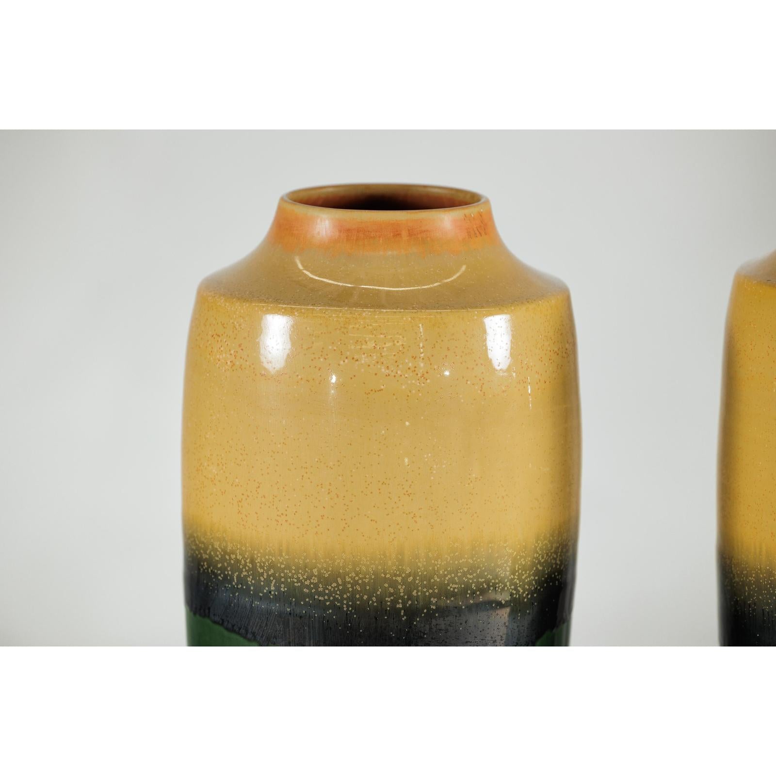 Pair of Tall Artisan Ceramic Vases with Mustard, Black, and Deep Green Glaze-6. Asian &amp; Chinese Furniture, Art, Antiques, Vintage Home Décor for sale at FEA Home