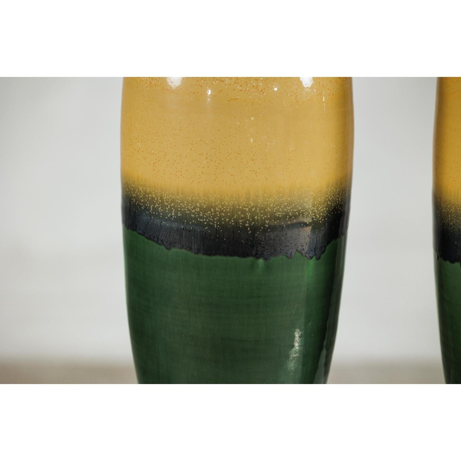 Pair of Tall Artisan Ceramic Vases with Mustard, Black, and Deep Green Glaze-7. Asian &amp; Chinese Furniture, Art, Antiques, Vintage Home Décor for sale at FEA Home
