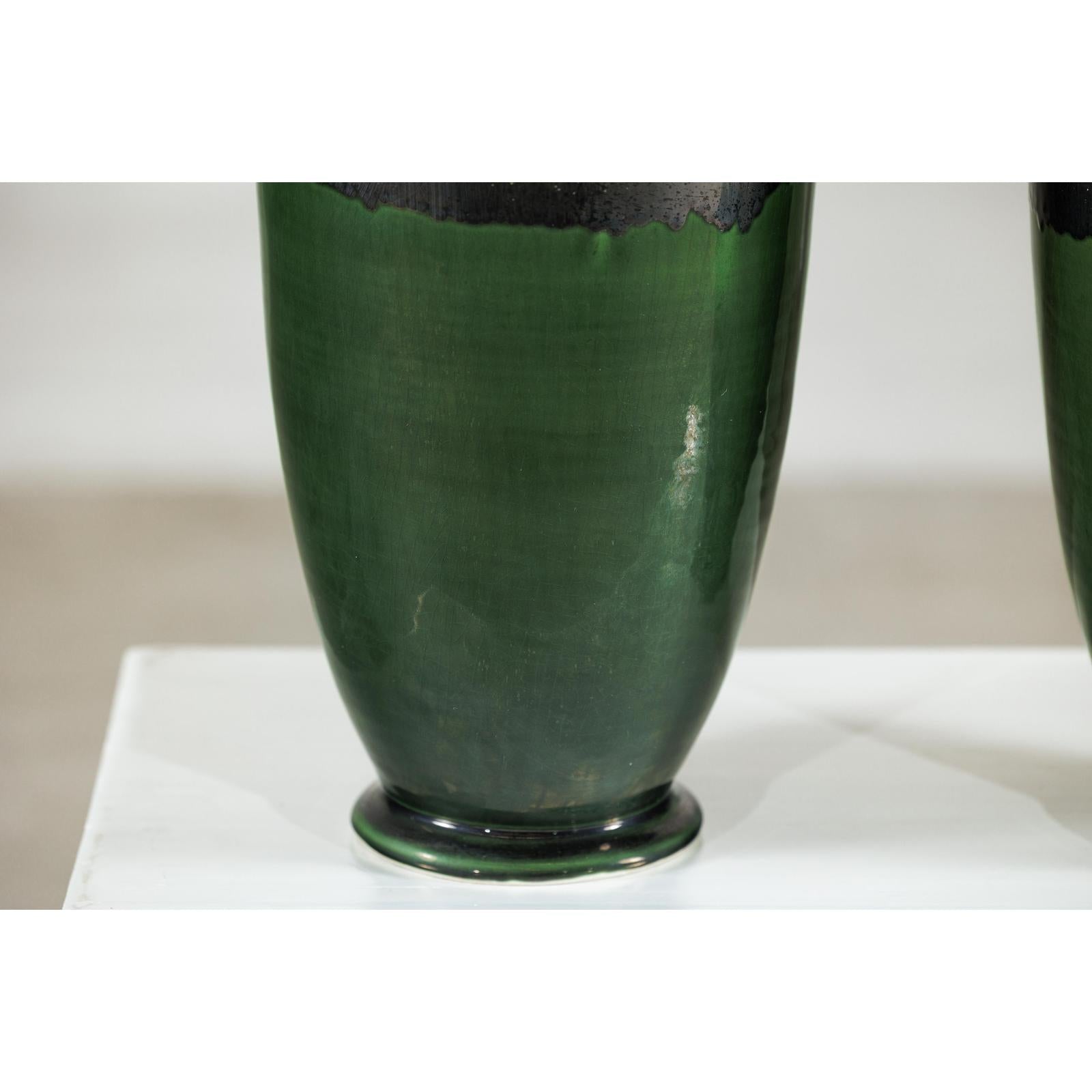 Pair of Tall Artisan Ceramic Vases with Mustard, Black, and Deep Green Glaze-8. Asian &amp; Chinese Furniture, Art, Antiques, Vintage Home Décor for sale at FEA Home