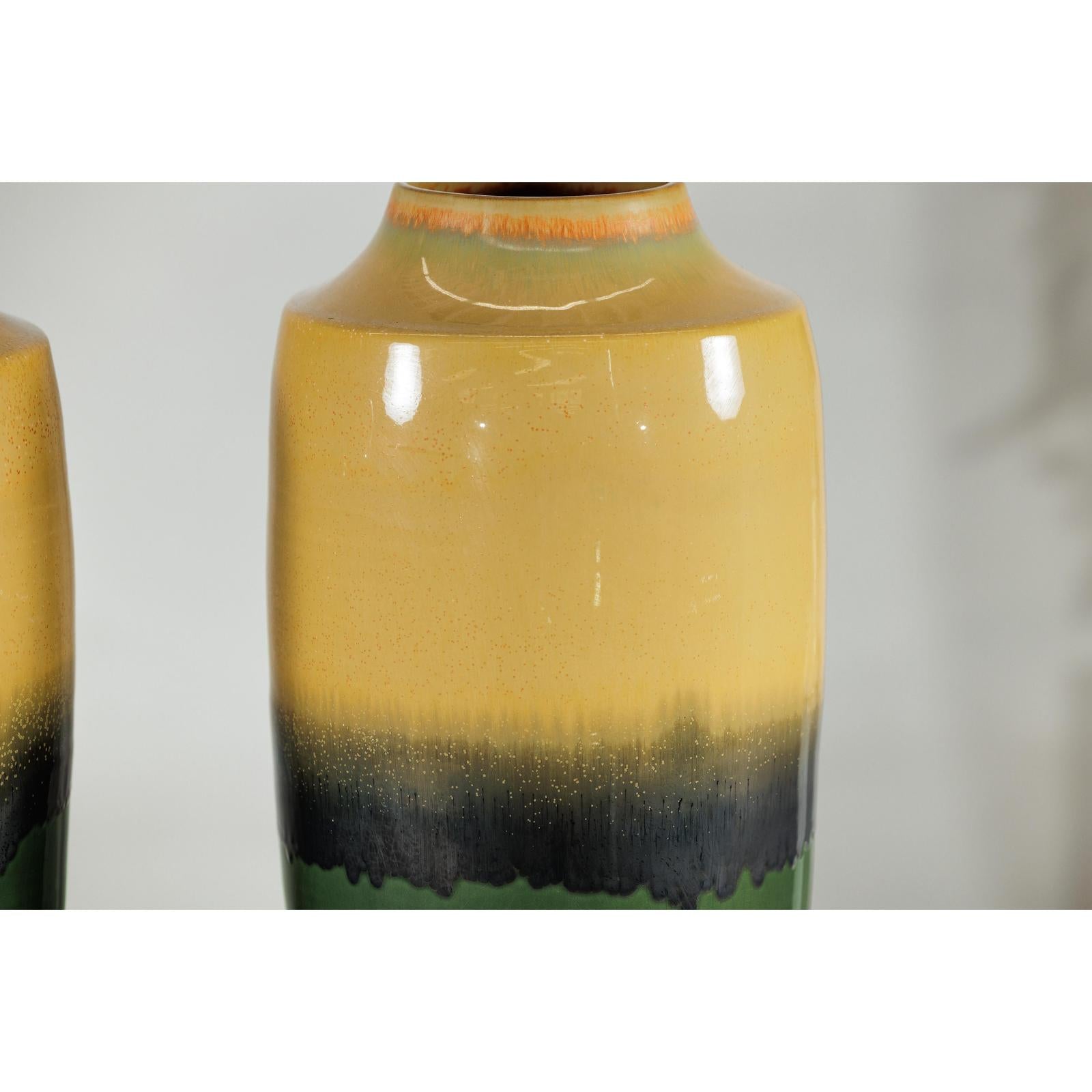 Pair of Tall Artisan Ceramic Vases with Mustard, Black, and Deep Green Glaze-9. Asian &amp; Chinese Furniture, Art, Antiques, Vintage Home Décor for sale at FEA Home