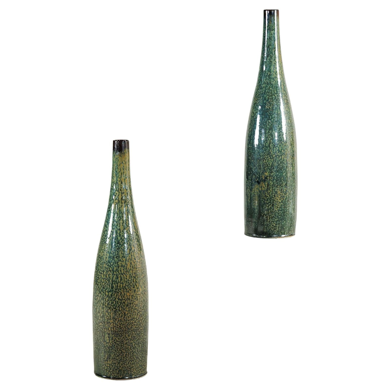 Pair of Tall Green Glazed Ceramic Bottle-Shaped Vases with Narrow Necks-1. Asian & Chinese Furniture, Art, Antiques, Vintage Home Décor for sale at FEA Home