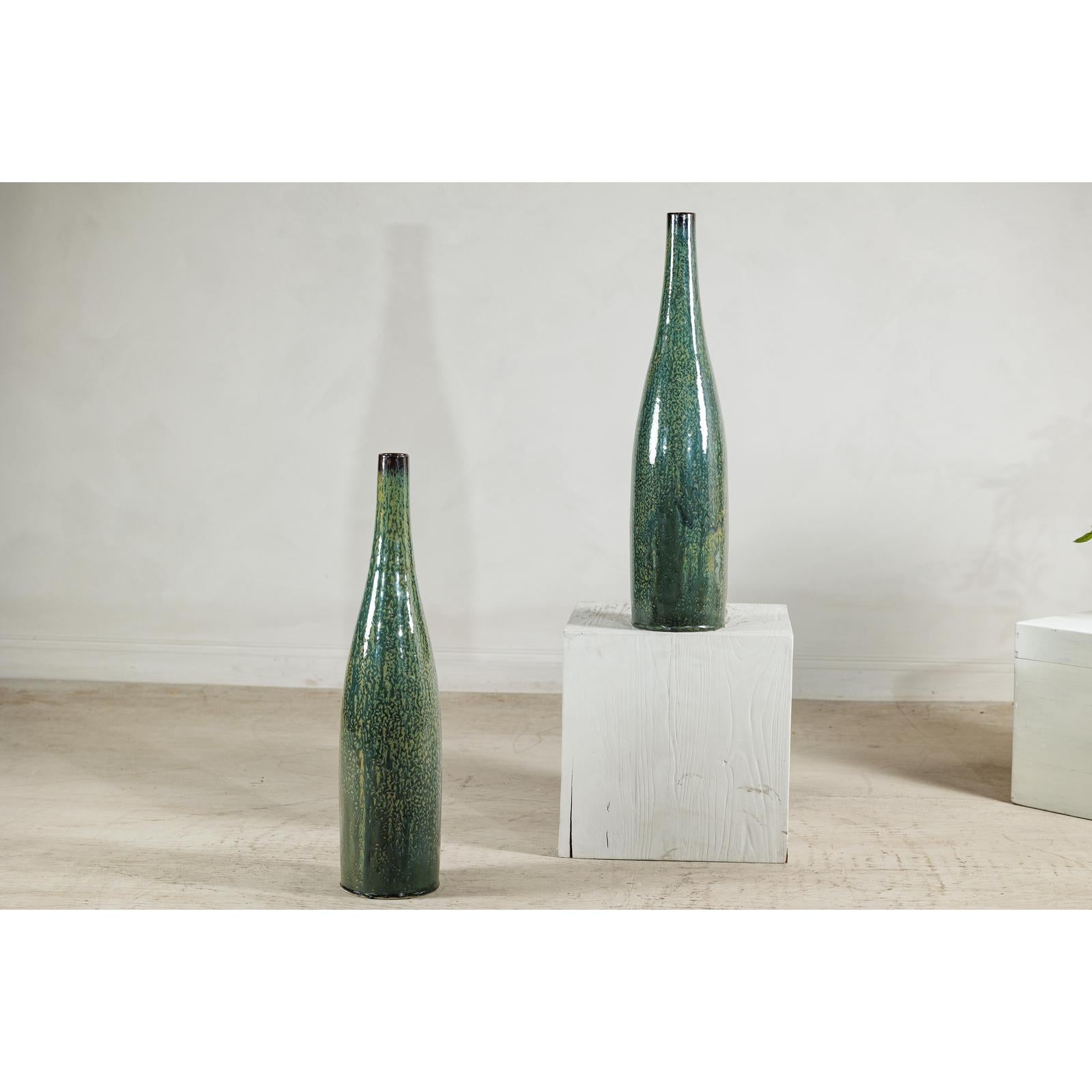Pair of Tall Green Glazed Ceramic Bottle-Shaped Vases with Narrow Necks-10. Asian &amp; Chinese Furniture, Art, Antiques, Vintage Home Décor for sale at FEA Home