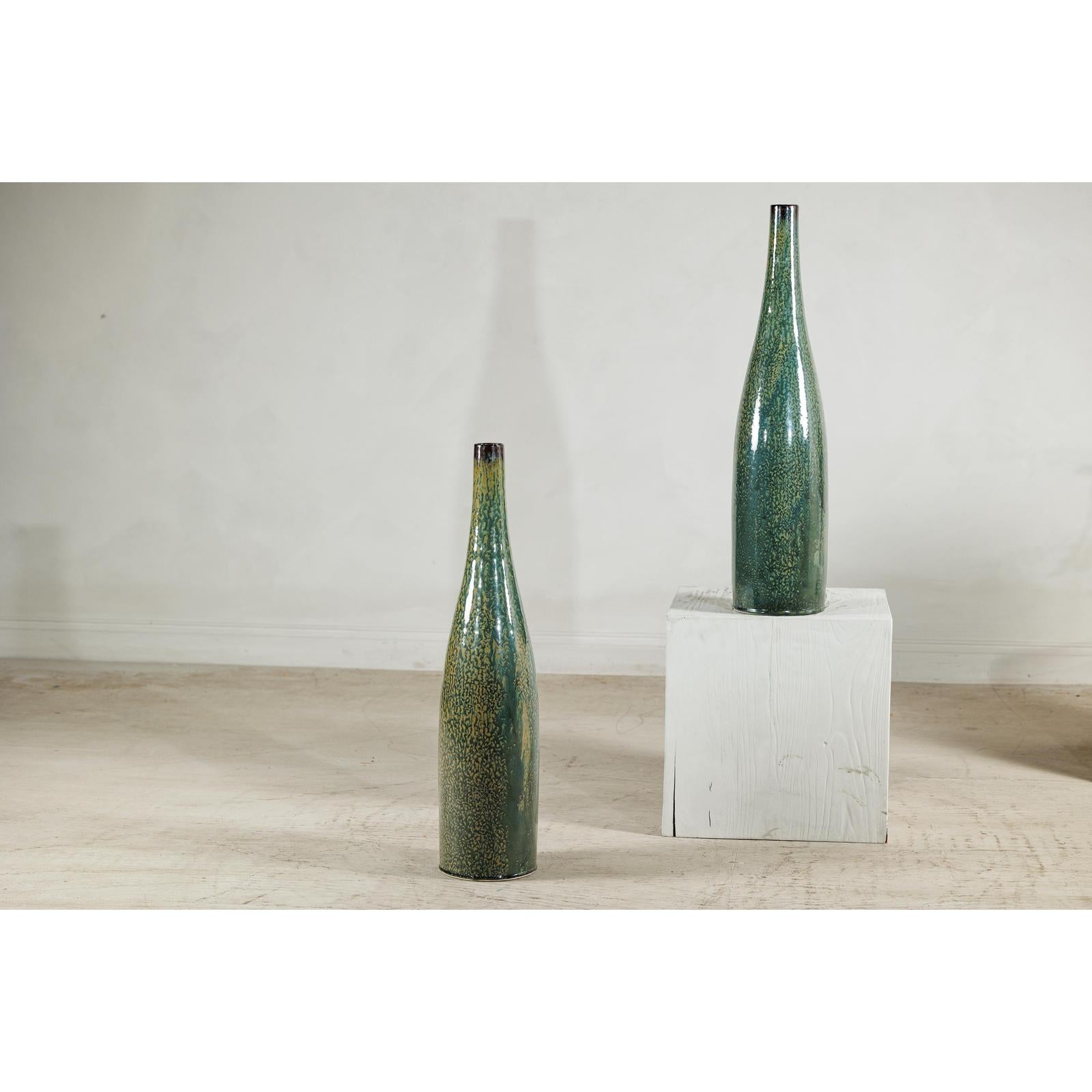 Pair of Tall Green Glazed Ceramic Bottle-Shaped Vases with Narrow Necks-11. Asian &amp; Chinese Furniture, Art, Antiques, Vintage Home Décor for sale at FEA Home