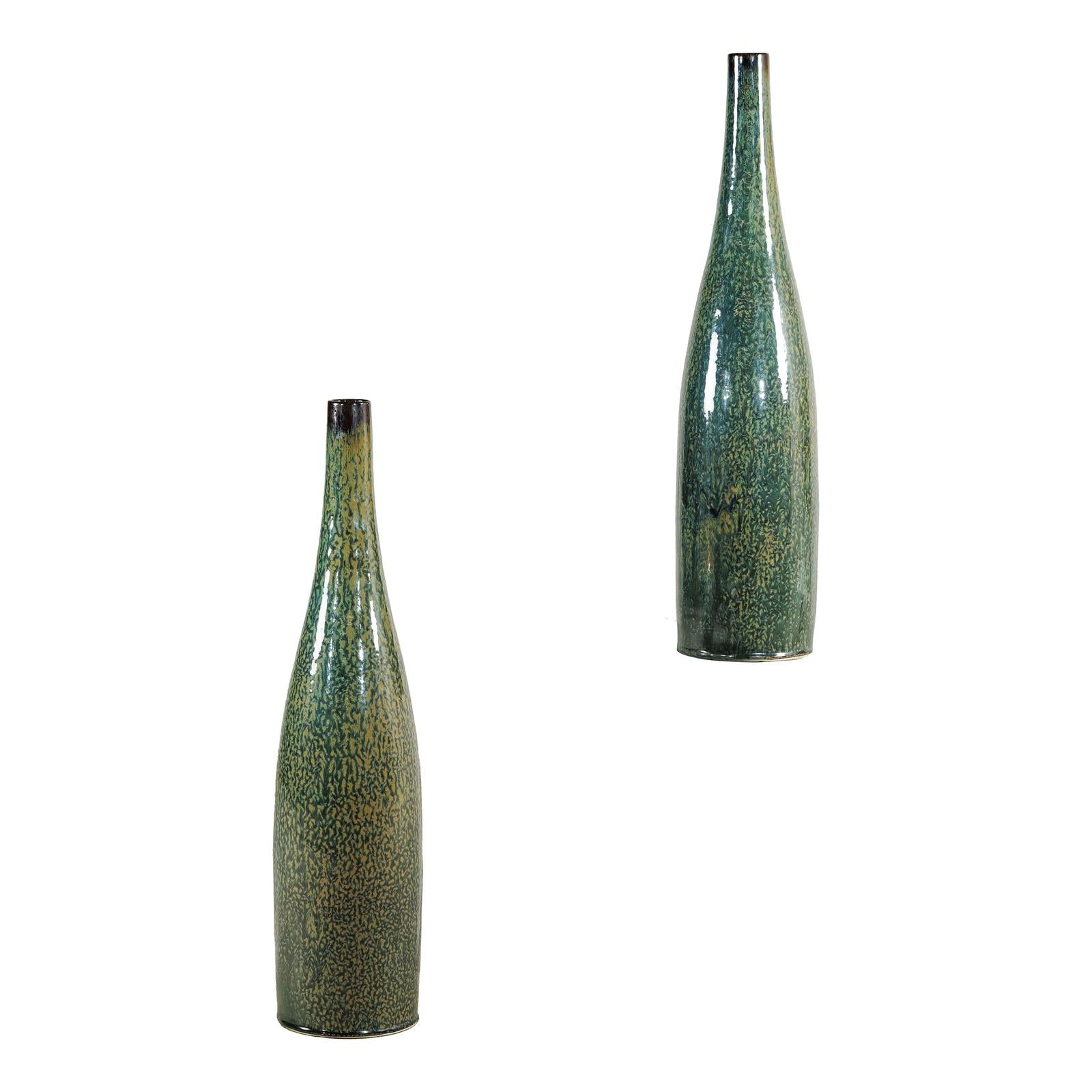 Pair of Tall Green Glazed Ceramic Bottle-Shaped Vases with Narrow Necks-13. Asian &amp; Chinese Furniture, Art, Antiques, Vintage Home Décor for sale at FEA Home