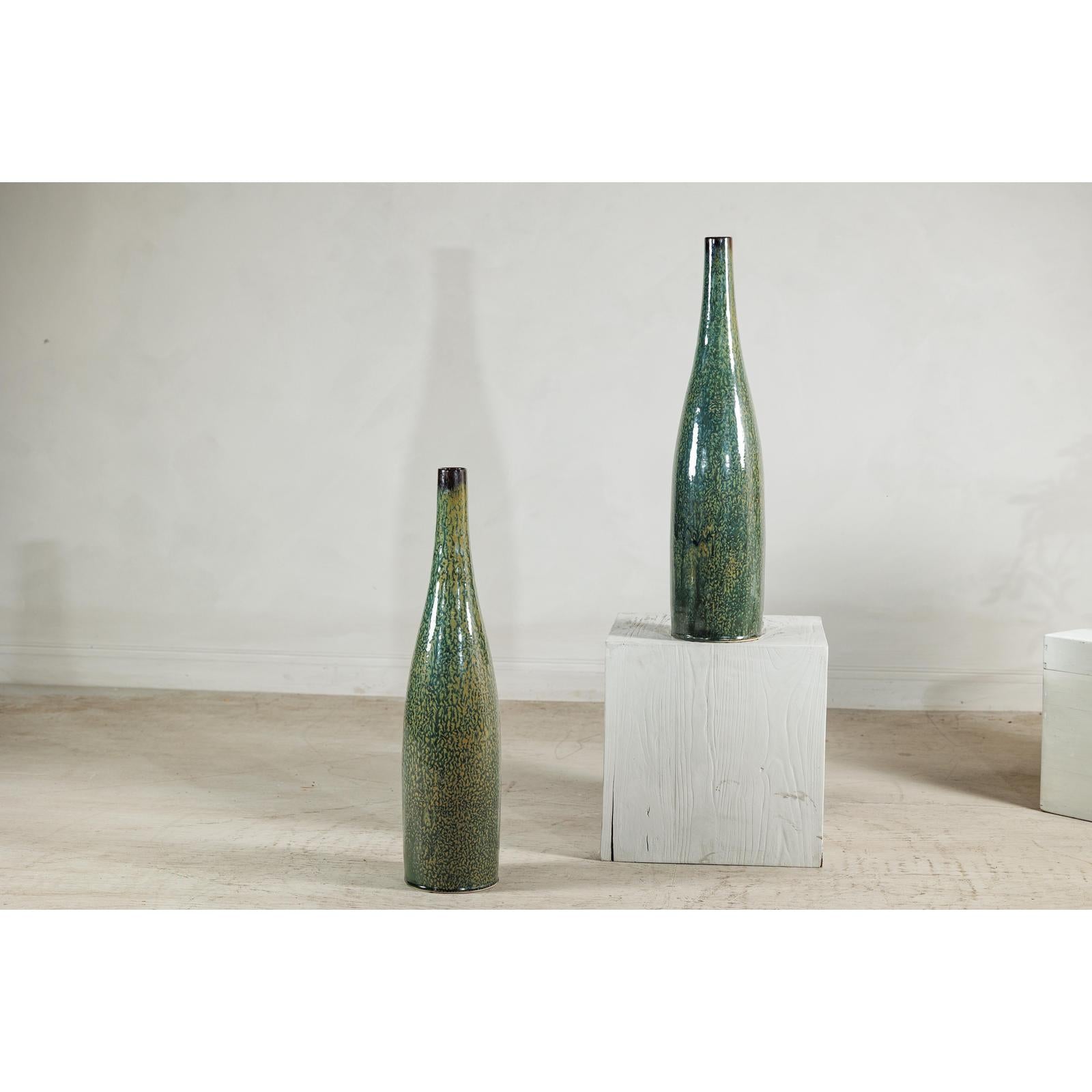 Pair of Tall Green Glazed Ceramic Bottle-Shaped Vases with Narrow Necks-2. Asian & Chinese Furniture, Art, Antiques, Vintage Home Décor for sale at FEA Home
