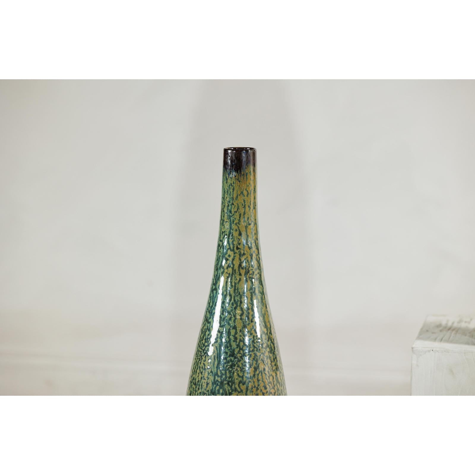 Pair of Tall Green Glazed Ceramic Bottle-Shaped Vases with Narrow Necks-3. Asian &amp; Chinese Furniture, Art, Antiques, Vintage Home Décor for sale at FEA Home