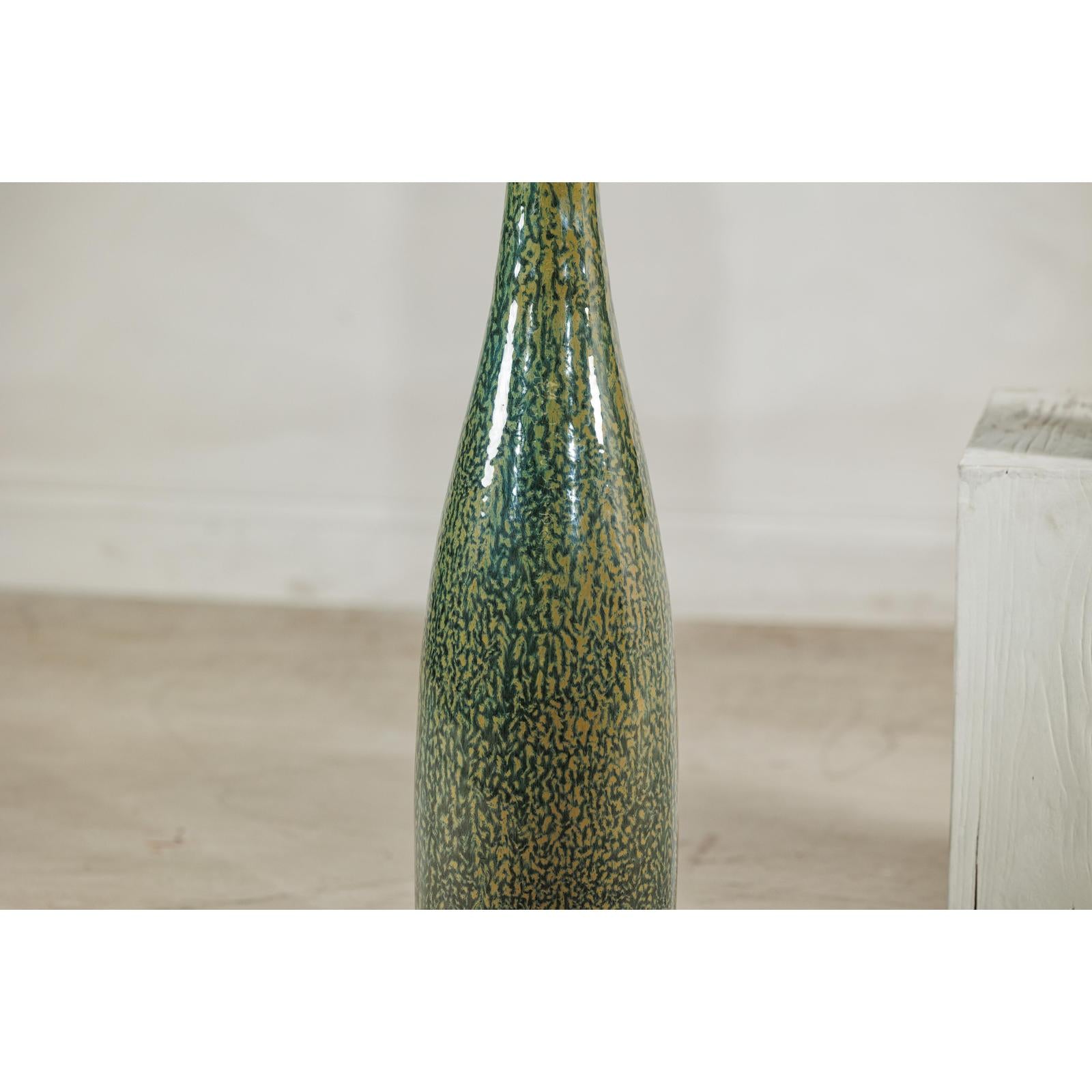 Pair of Tall Green Glazed Ceramic Bottle-Shaped Vases with Narrow Necks-5. Asian &amp; Chinese Furniture, Art, Antiques, Vintage Home Décor for sale at FEA Home