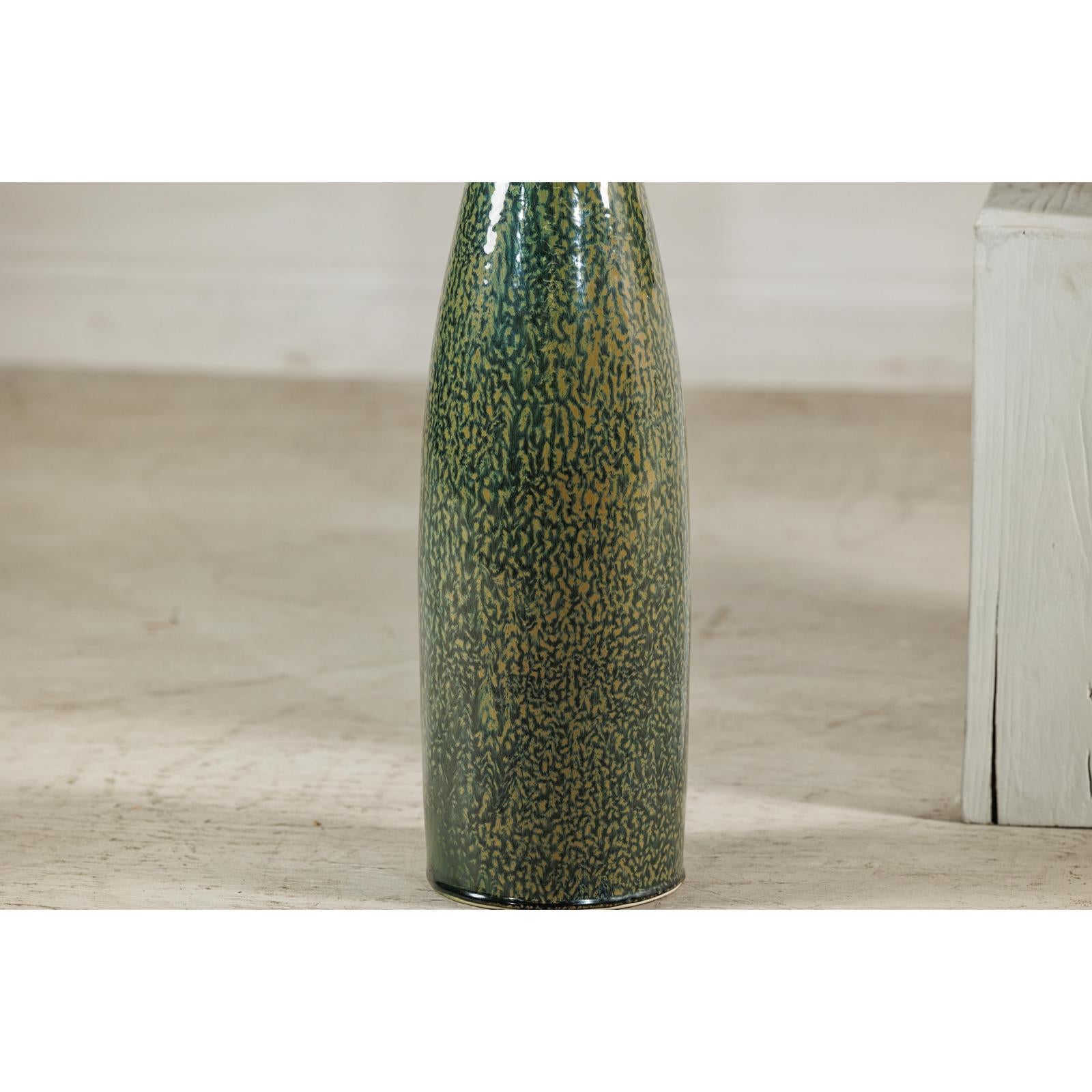 Pair of Tall Green Glazed Ceramic Bottle-Shaped Vases with Narrow Necks-6. Asian &amp; Chinese Furniture, Art, Antiques, Vintage Home Décor for sale at FEA Home