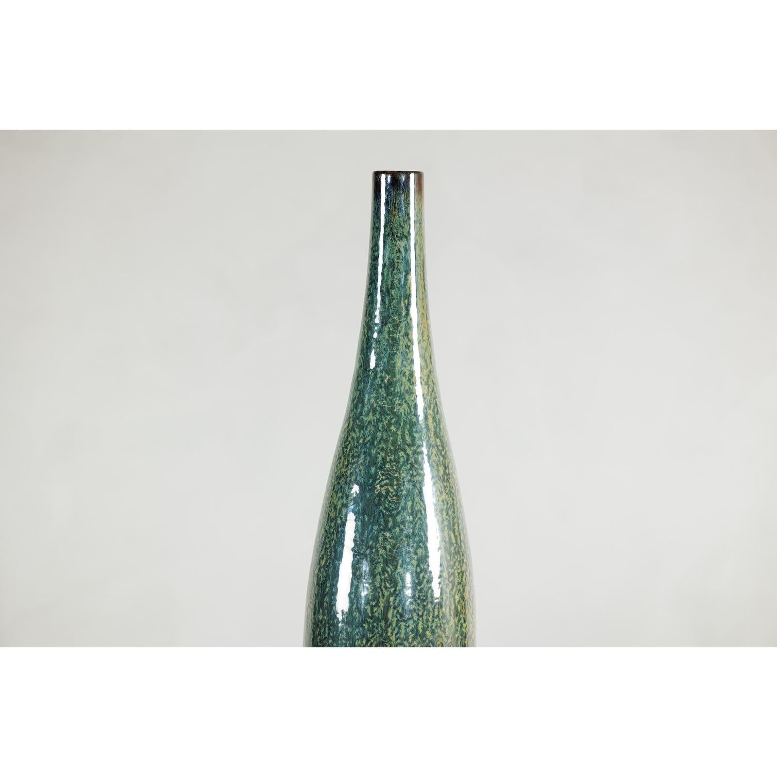 Pair of Tall Green Glazed Ceramic Bottle-Shaped Vases with Narrow Necks-9. Asian &amp; Chinese Furniture, Art, Antiques, Vintage Home Décor for sale at FEA Home
