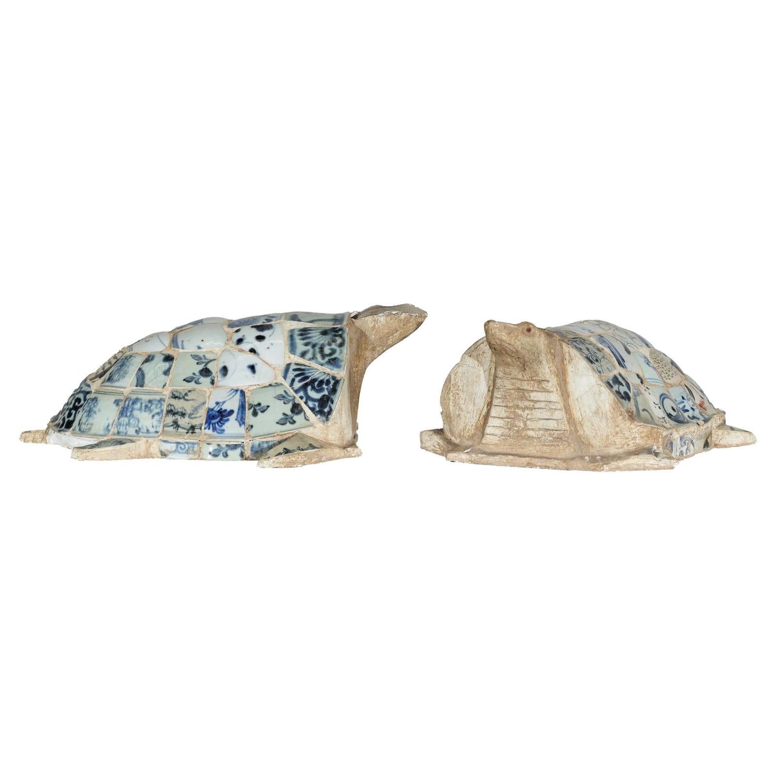 Pair of Vintage Turtles with Antique Blue and White Porcelain Mosaic Shells-1. Asian & Chinese Furniture, Art, Antiques, Vintage Home Décor for sale at FEA Home