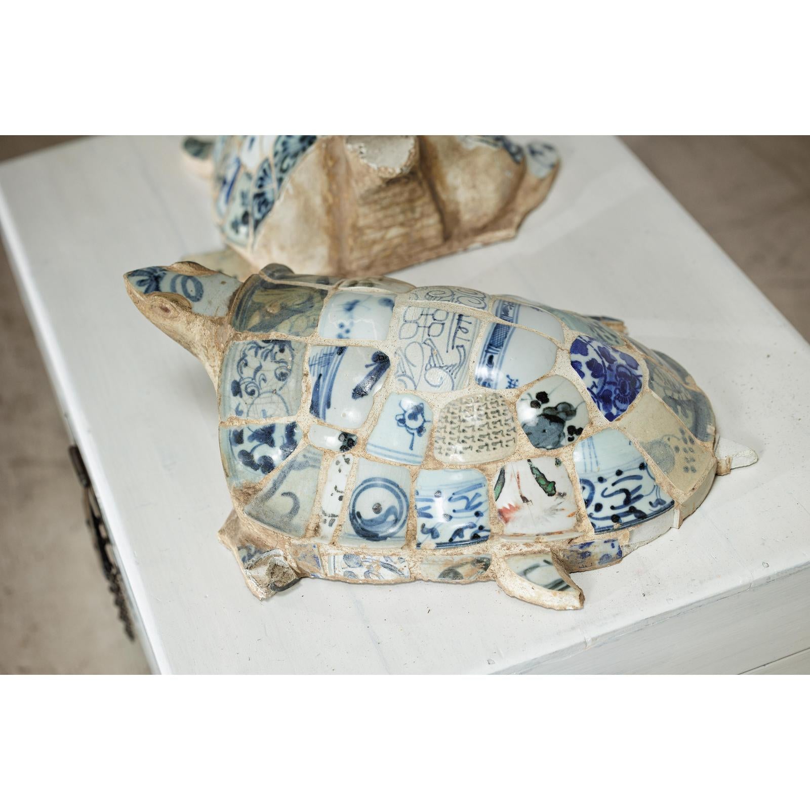 Pair of Vintage Turtles with Antique Blue and White Porcelain Mosaic Shells-12. Asian &amp; Chinese Furniture, Art, Antiques, Vintage Home Décor for sale at FEA Home