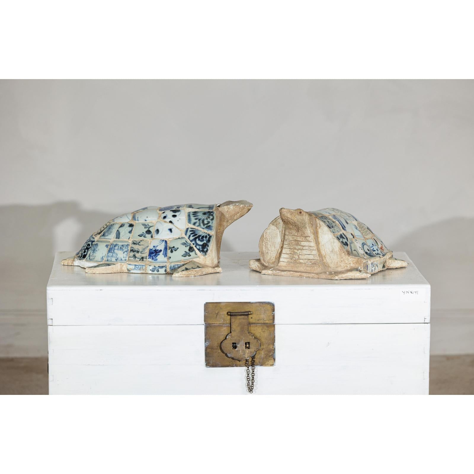 Pair of Vintage Turtles with Antique Blue and White Porcelain Mosaic Shells-2. Asian & Chinese Furniture, Art, Antiques, Vintage Home Décor for sale at FEA Home