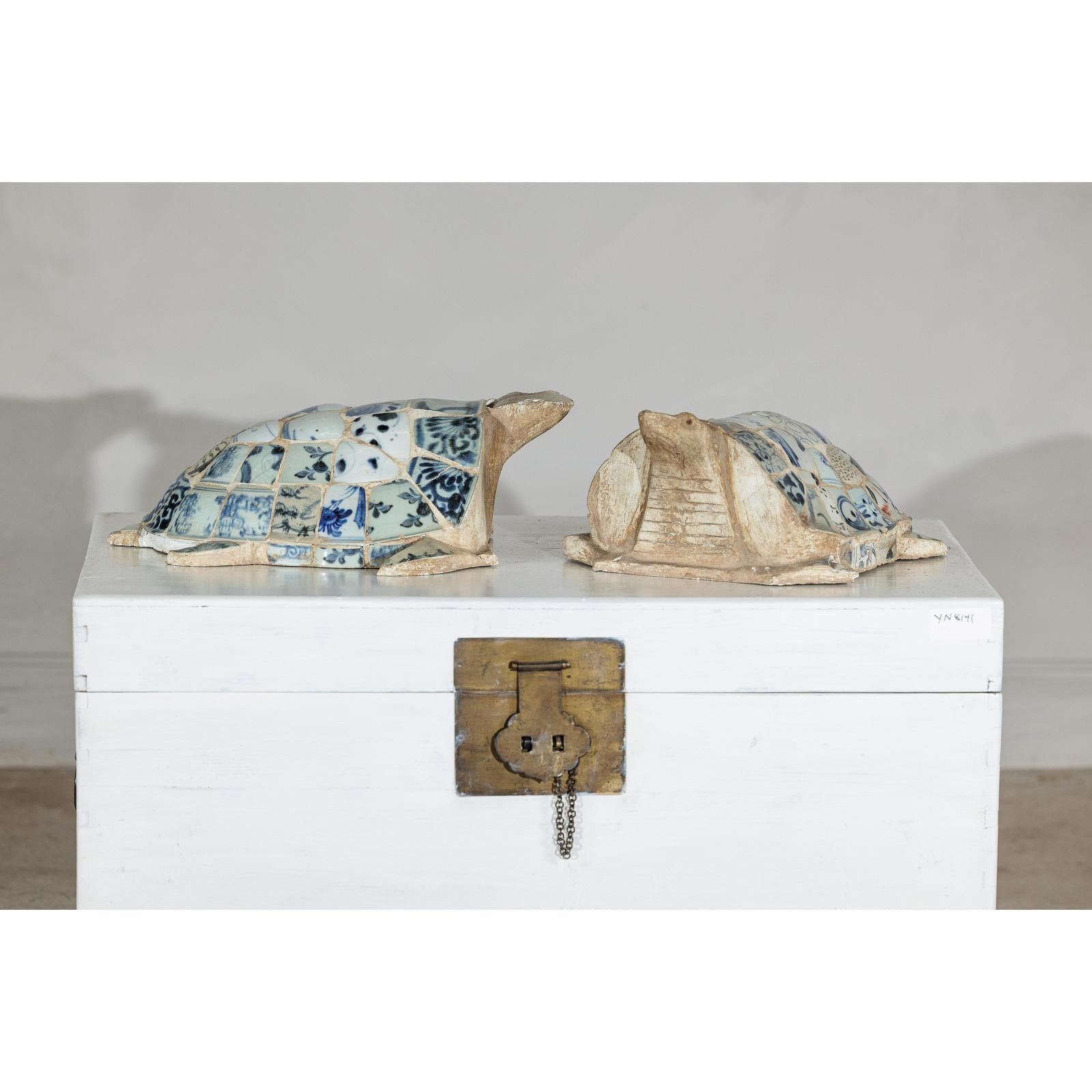 Pair of Vintage Turtles with Antique Blue and White Porcelain Mosaic Shells-3. Asian &amp; Chinese Furniture, Art, Antiques, Vintage Home Décor for sale at FEA Home