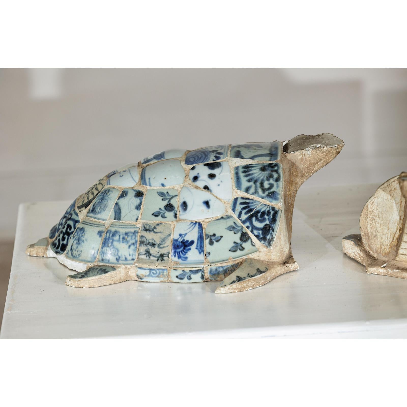 Pair of Vintage Turtles with Antique Blue and White Porcelain Mosaic Shells-4. Asian &amp; Chinese Furniture, Art, Antiques, Vintage Home Décor for sale at FEA Home