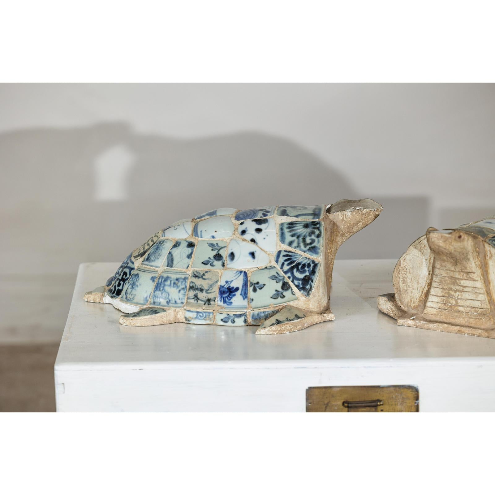 Pair of Vintage Turtles with Antique Blue and White Porcelain Mosaic Shells-5. Asian &amp; Chinese Furniture, Art, Antiques, Vintage Home Décor for sale at FEA Home