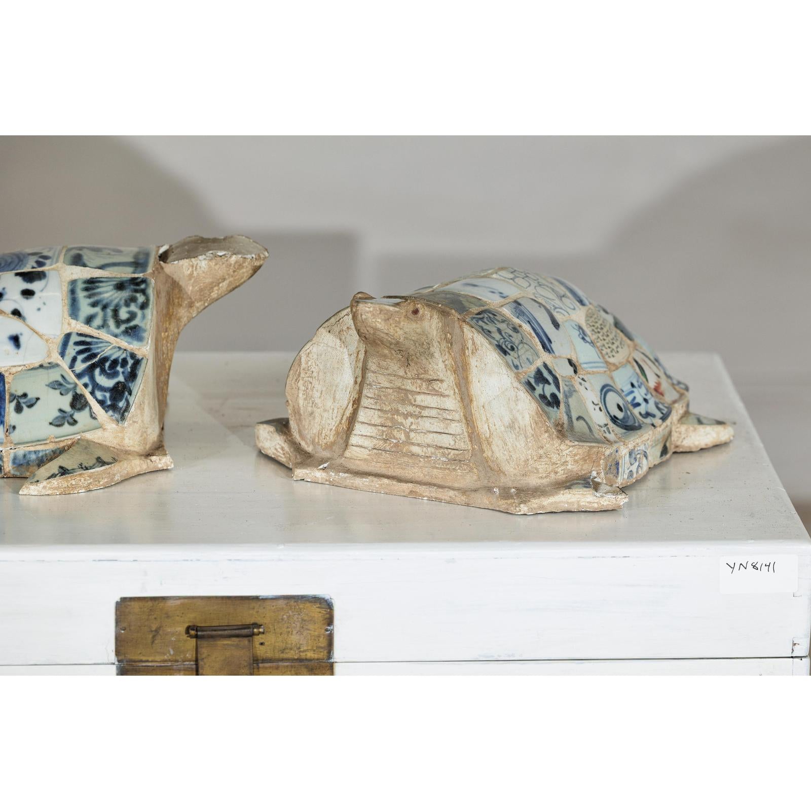 Pair of Vintage Turtles with Antique Blue and White Porcelain Mosaic Shells-6. Asian &amp; Chinese Furniture, Art, Antiques, Vintage Home Décor for sale at FEA Home