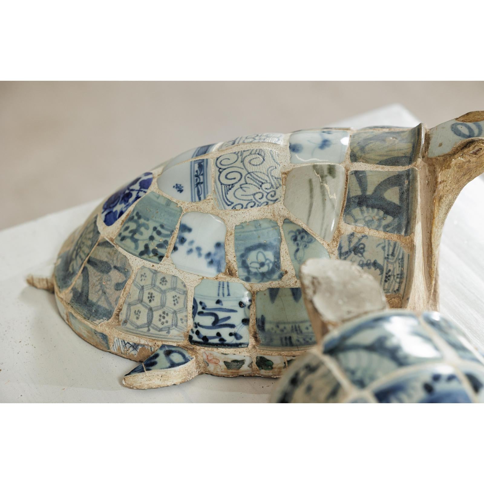 Pair of Vintage Turtles with Antique Blue and White Porcelain Mosaic Shells-9. Asian &amp; Chinese Furniture, Art, Antiques, Vintage Home Décor for sale at FEA Home