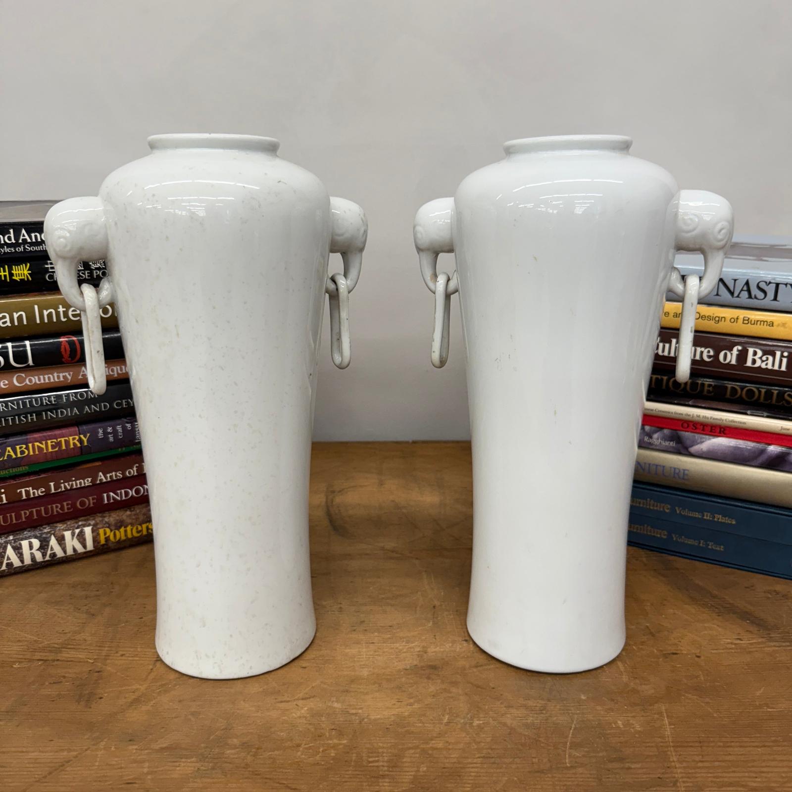 Pair of White Ceramic Vases with Elephant Head Handles - FEA Home