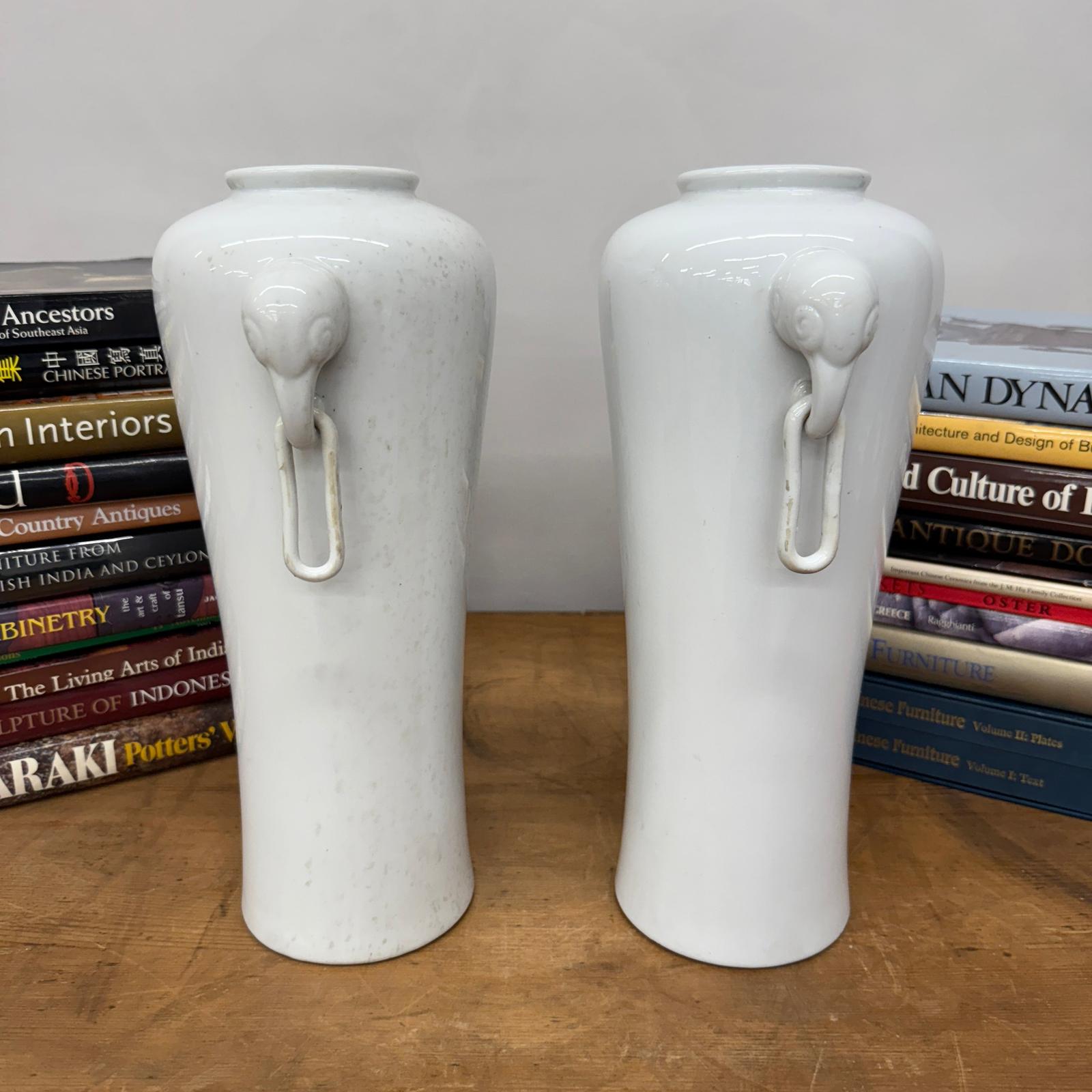Pair of White Ceramic Vases with Elephant Head Handles - FEA Home
