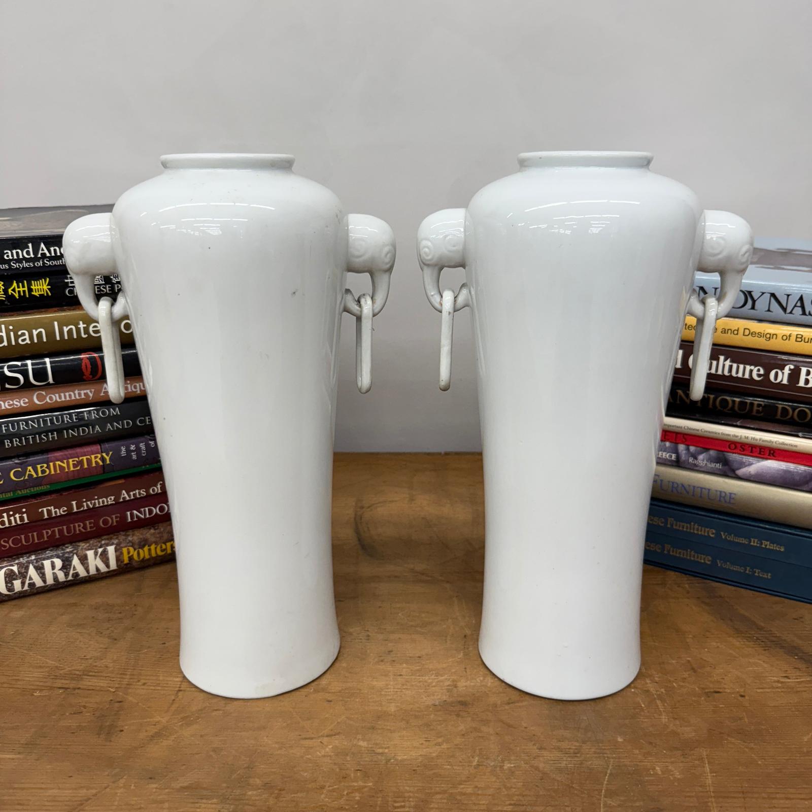 Pair of White Ceramic Vases with Elephant Head Handles - FEA Home