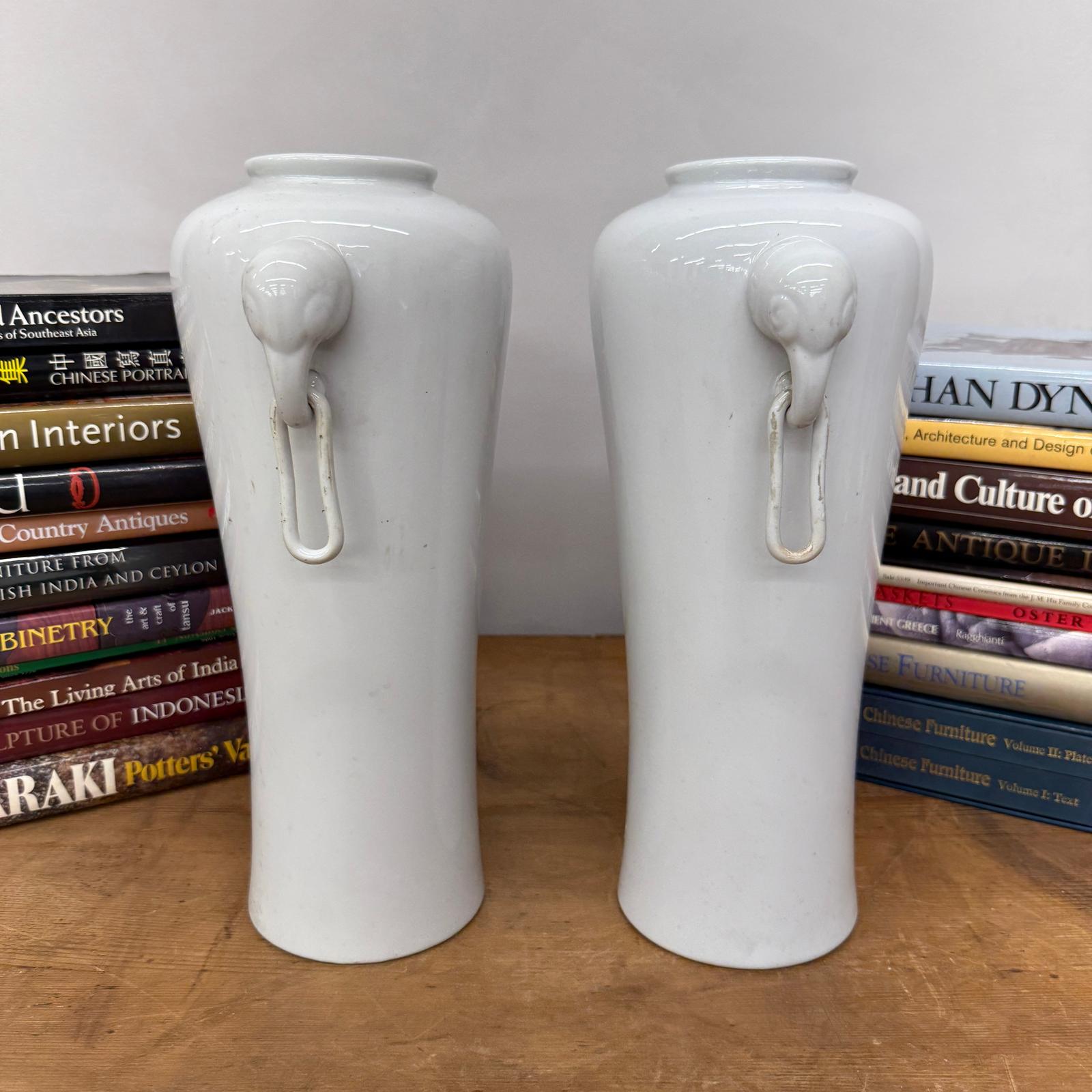Pair of White Ceramic Vases with Elephant Head Handles - FEA Home