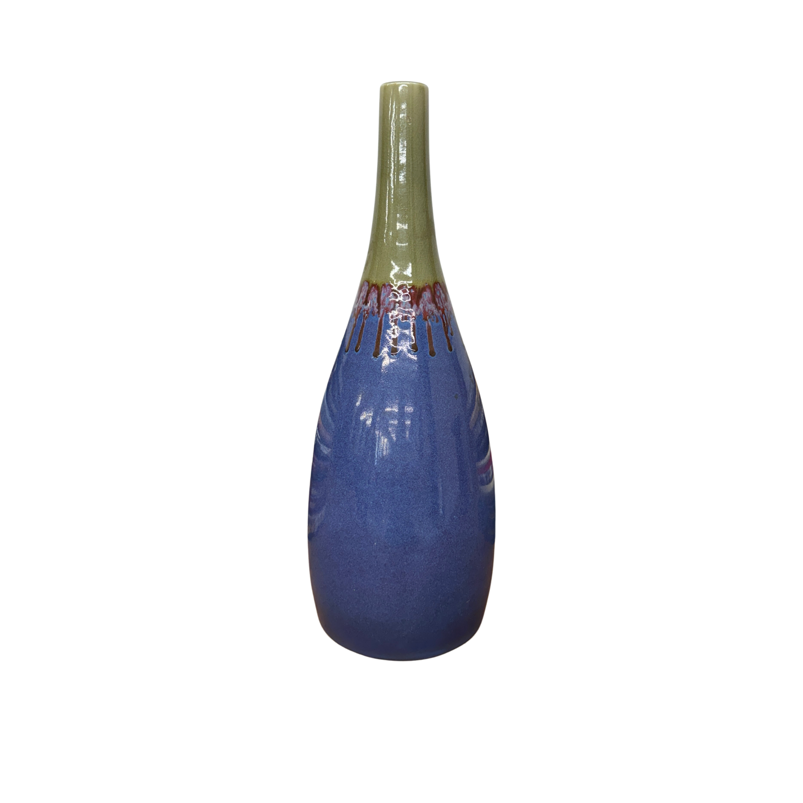 Periwinkle Blue Vase with Olive Neck and Red Drip Glaze, SKU , image 1