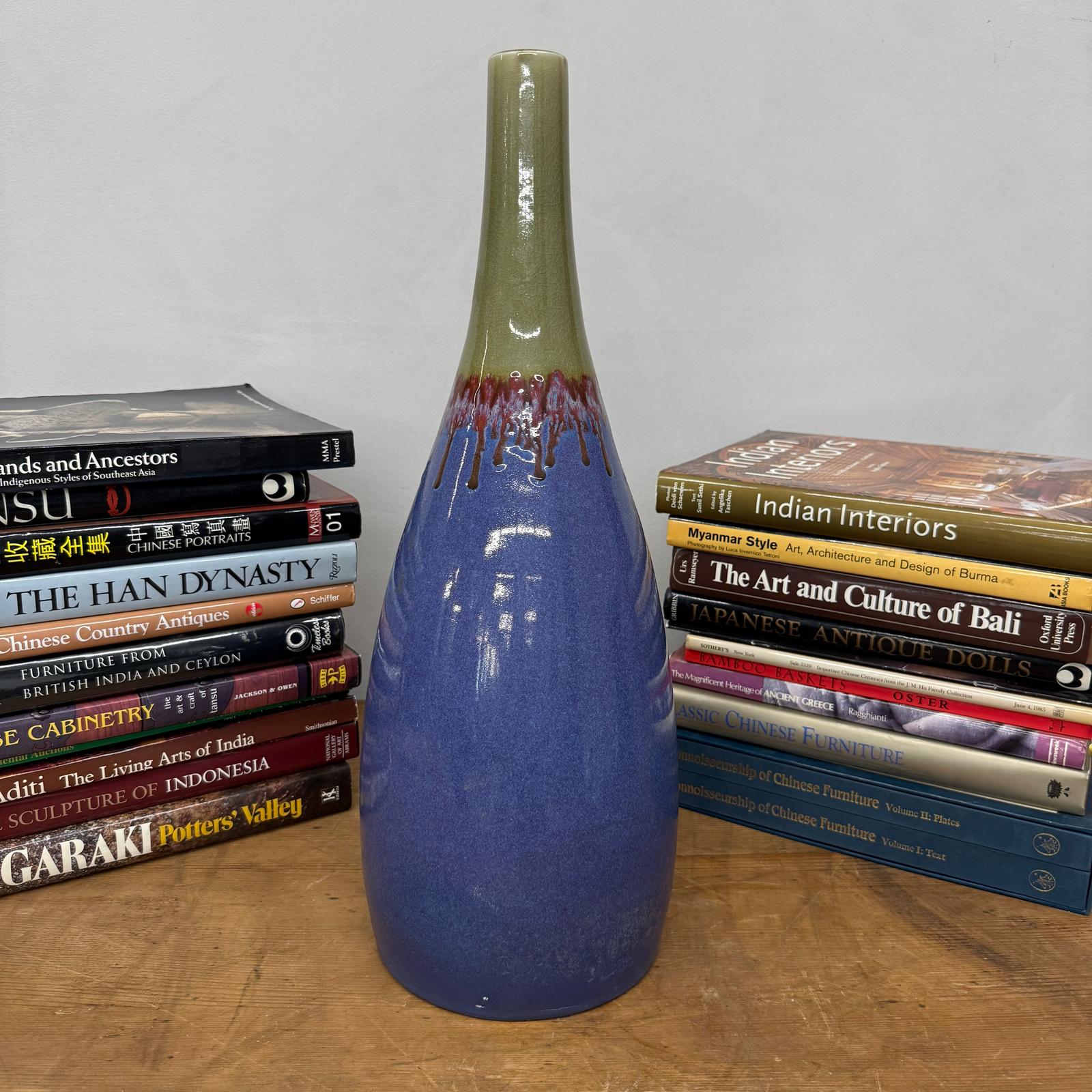 Periwinkle Blue Vase with Olive Neck and Red Drip Glaze, SKU , image 2