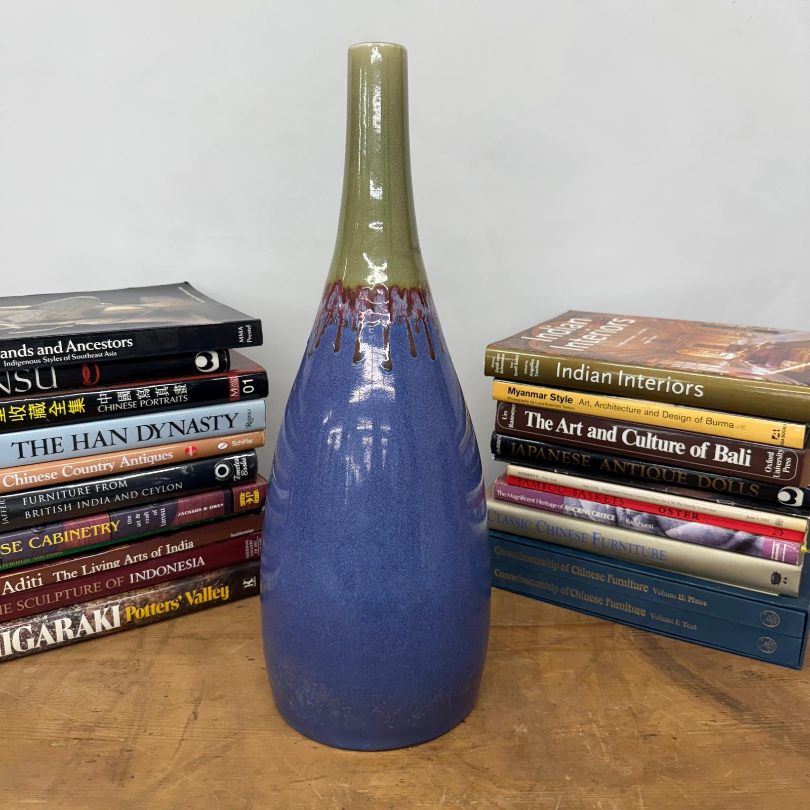 Periwinkle Blue Vase with Olive Neck and Red Drip Glaze, SKU , image 3