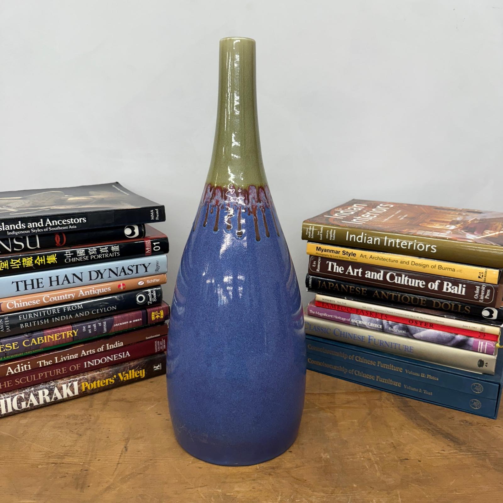 Periwinkle Blue Vase with Olive Neck and Red Drip Glaze, SKU , image 4