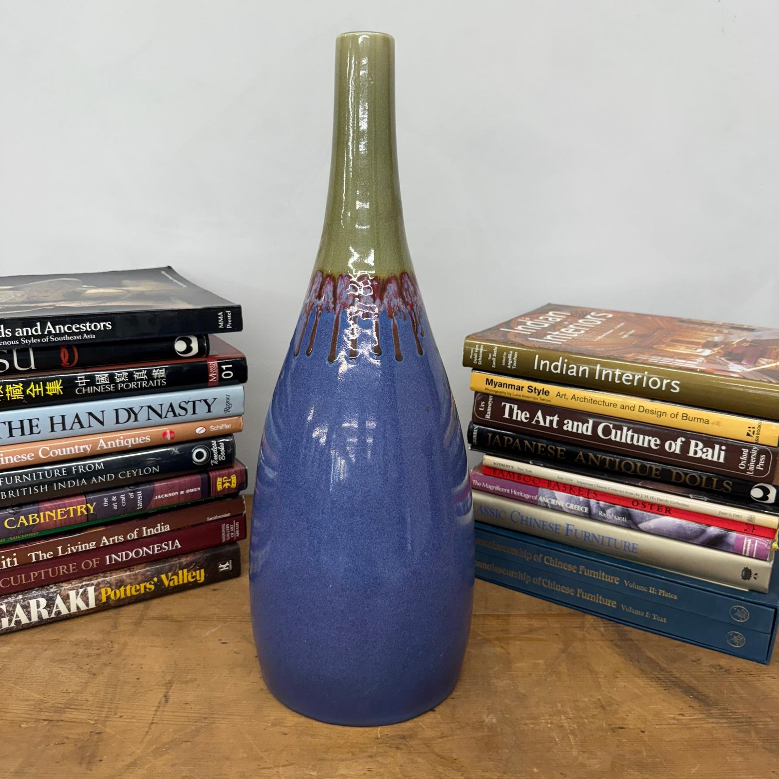Periwinkle Blue Vase with Olive Neck and Red Drip Glaze, SKU , image 5