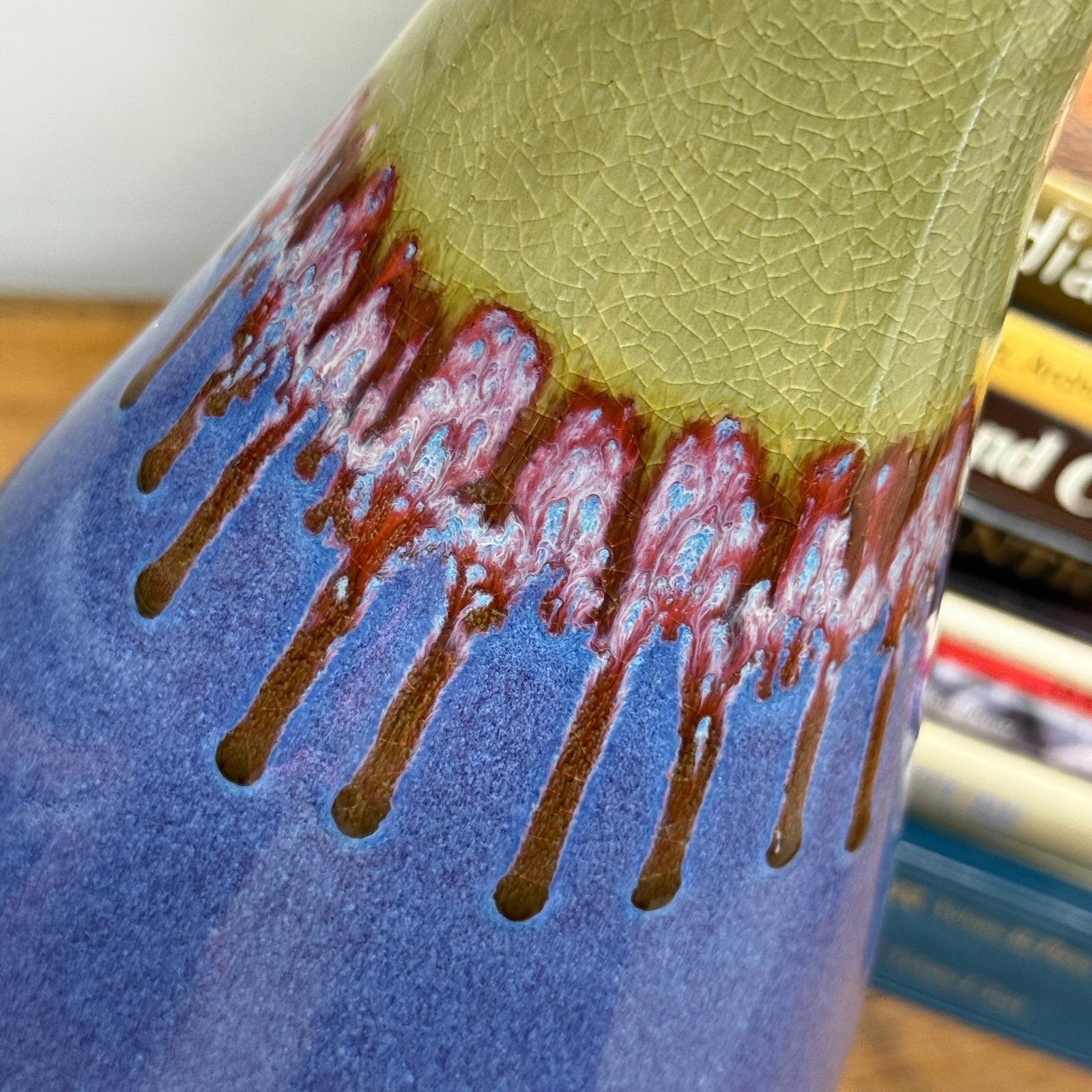 Periwinkle Blue Vase with Olive Neck and Red Drip Glaze, SKU , image 7
