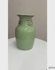 Green Vase with Botanical Theme Handles & Scalloped Top
