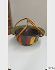 Brown, Green & Yellow Polychrome Basket with Rattan Handle