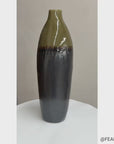 Olive and Charcoal Ceramic Vase with Amber Drip Glaze