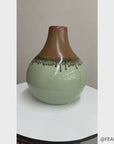 Round Celadon Green & Brown Ceramic Drip Design Vase