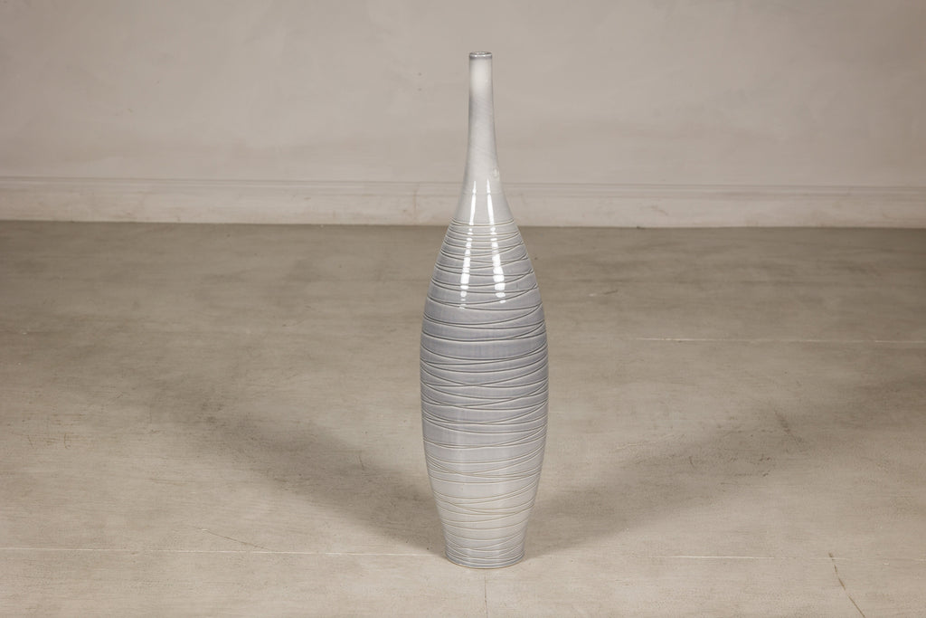 Tall Modern Gray-Glazed Ceramic Bottle Vase with Spiral Incising rotating view