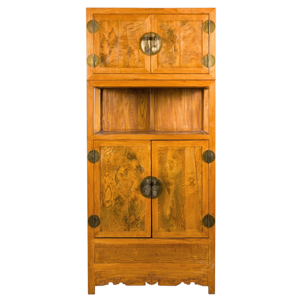 Antique Chinese elm cabinet with burlwood panels rotating view