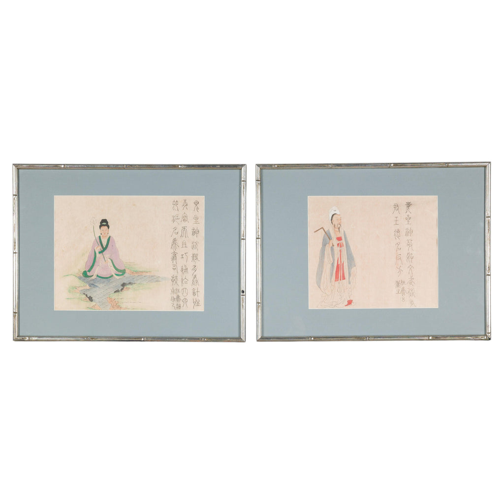 Antique Japanese figural woodblock prints in silvered frames rotating view