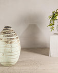 Large Cream-Glazed Artisan Ceramic Vase with Brown Bands rotating view