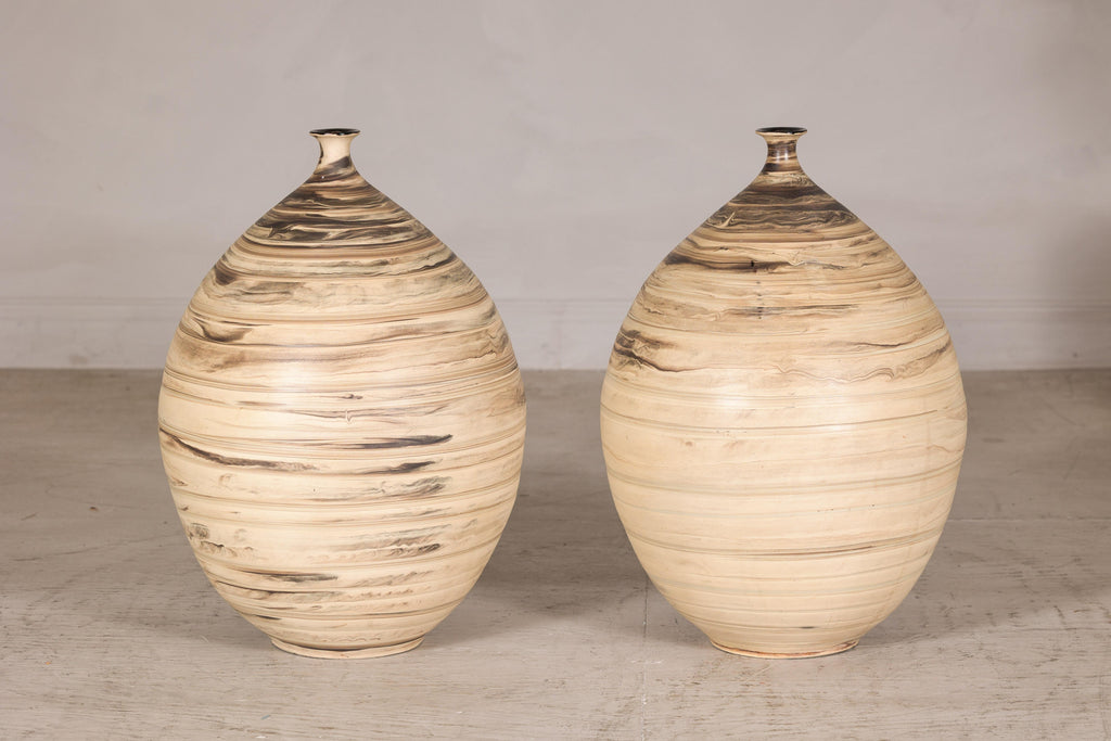 Large Artisan Ceramic Floor Vase with Dark Brown Swirl Glaze rotating view