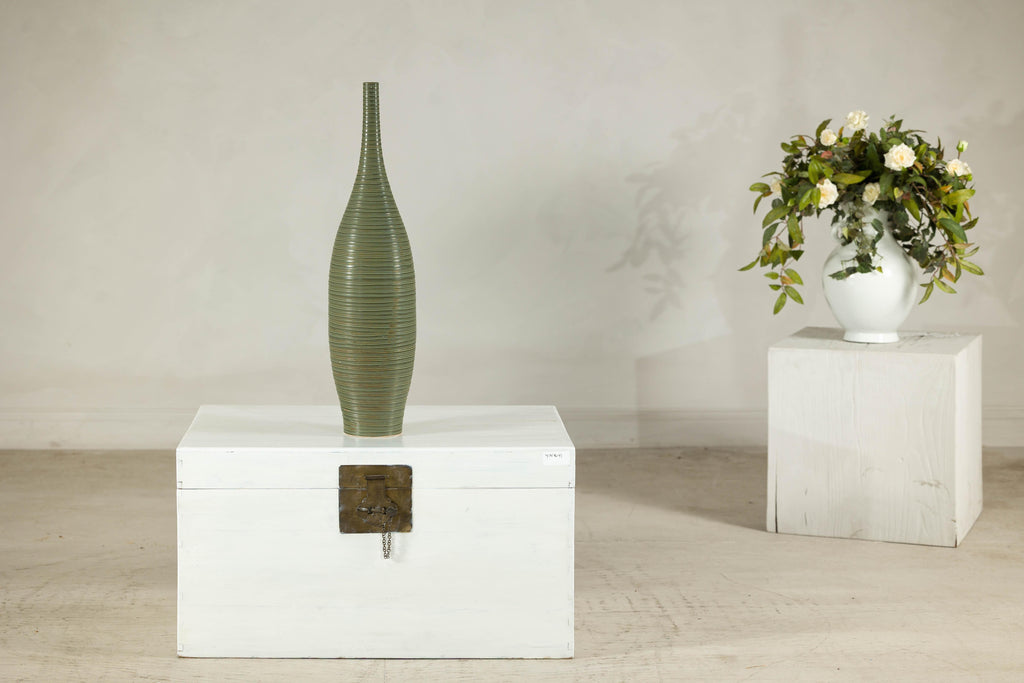 Tall Ribbed Green-Glazed Artisan Ceramic Vase rotating view