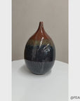 Rounded Brown and Blue Ceramic Vase with Narrow Neck