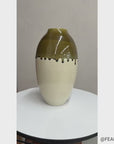 Olive Green & Black Drip Ceramic Vase with Cream White Body