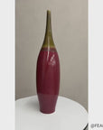 Glazed Apple Red Ceramic Vase with Skinny Mustard Green Neck